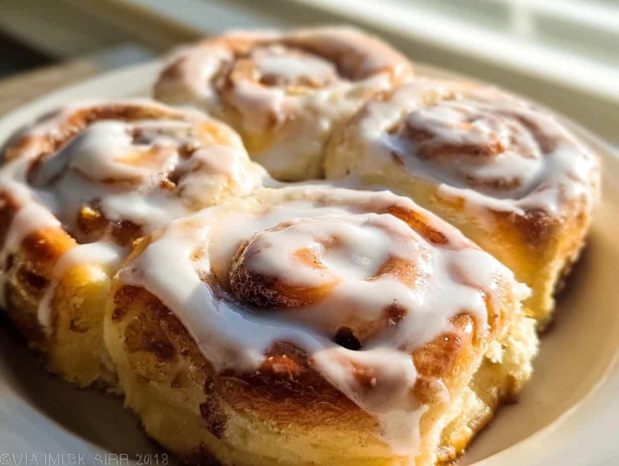 Four freshly baked Maple Cinnamon Breakfast Rollups covered in thick white icing, sitting on a plate.