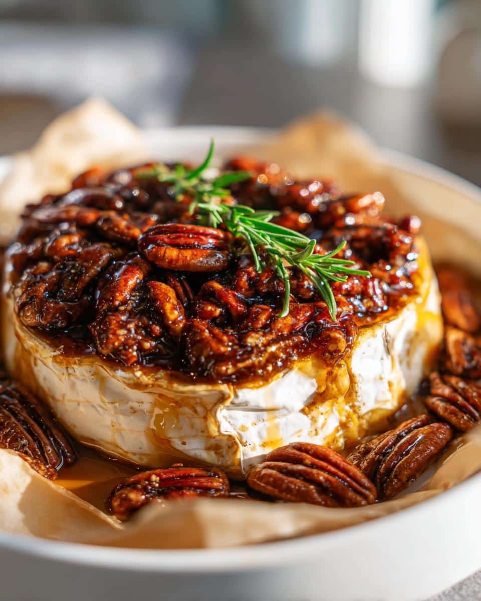 Close-up of warm Maple Pecan Baked Brie topped with glazed pecans and a sprig of fresh rosemary.