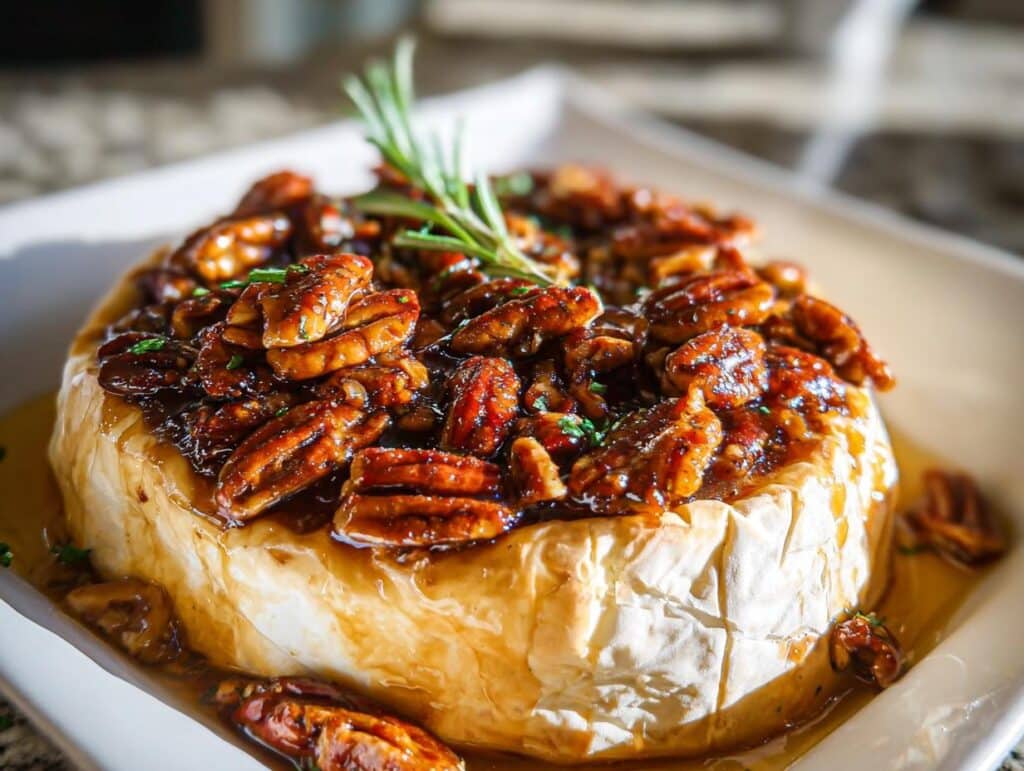 A wheel of baked brie topped generously with glistening, candied pecans and a sprig of rosemary for the Maple Pecan Baked Brie.