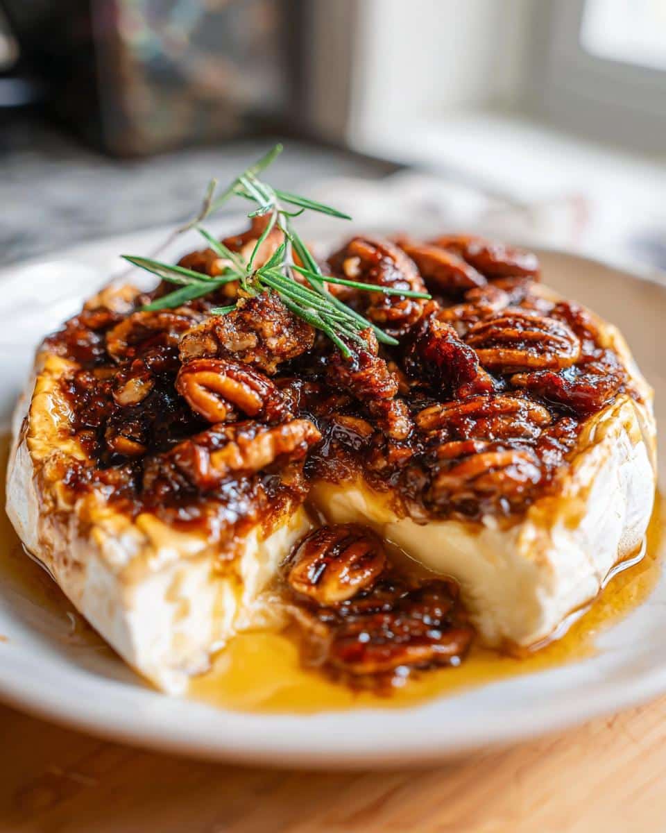 Close-up of warm Maple Pecan Baked Brie, cut open to show the melted cheese and sticky pecan topping, garnished with rosemary.
