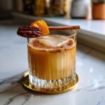 A refreshing Maple Pecan Cream Mocktail in a fluted glass, garnished with a pecan, orange peel, and cinnamon stick.