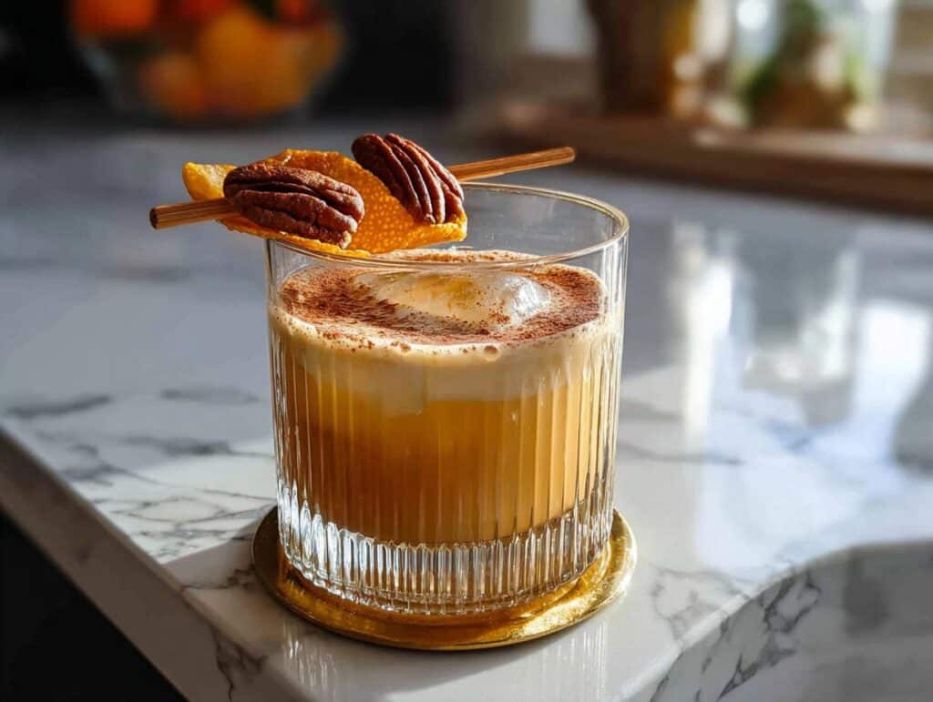 A refreshing Maple Pecan Cream Mocktail topped with foam, dusted with cinnamon, and garnished with orange peel and pecans.