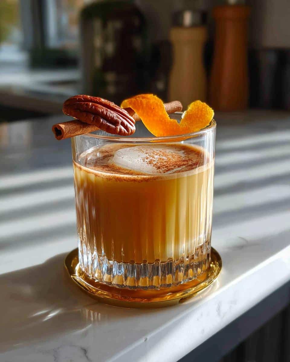 A Maple Pecan Cream Mocktail in a fluted glass, garnished with a pecan, cinnamon stick, and orange peel.