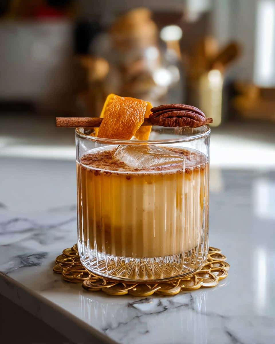 A refreshing Maple Pecan Cream Mocktail served in a glass with ice, garnished with an orange peel, pecan, and cinnamon stick.