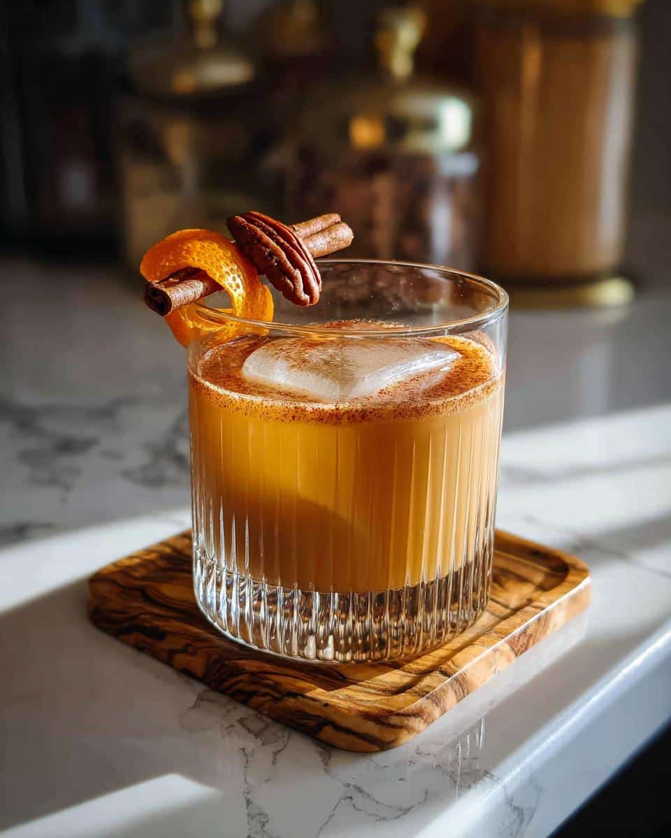 A refreshing Maple Pecan Cream Mocktail served in a fluted glass with a large ice cube and garnished with orange peel, cinnamon stick, and pecan.