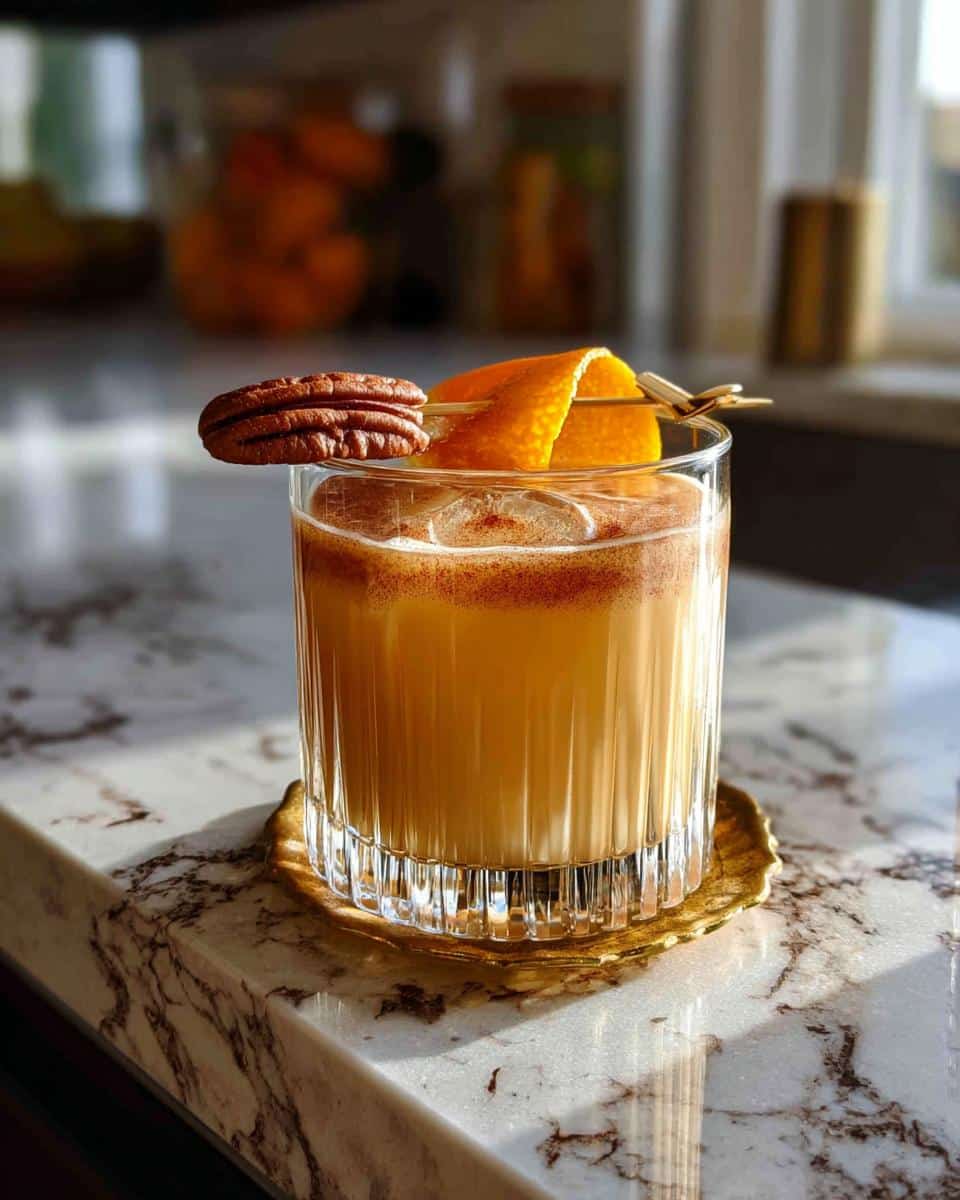 A refreshing Maple Pecan Cream Mocktail in a fluted glass, garnished with a pecan and orange peel.