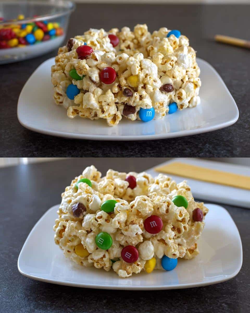 A round serving of Marshmallow Birthday Cake Popcorn held together with melted marshmallow and studded with colorful M&Ms.