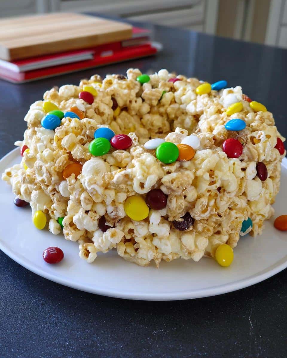 A ring-shaped treat made of Marshmallow Birthday Cake Popcorn held together with a sweet binder and topped with colorful candy-coated chocolates.