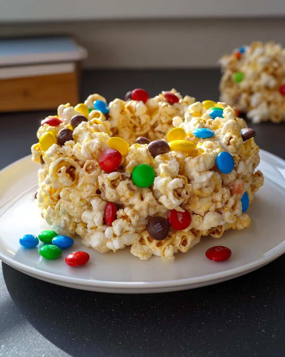 A ring-shaped serving of Marshmallow Birthday Cake Popcorn, studded with colorful candy-coated chocolates.