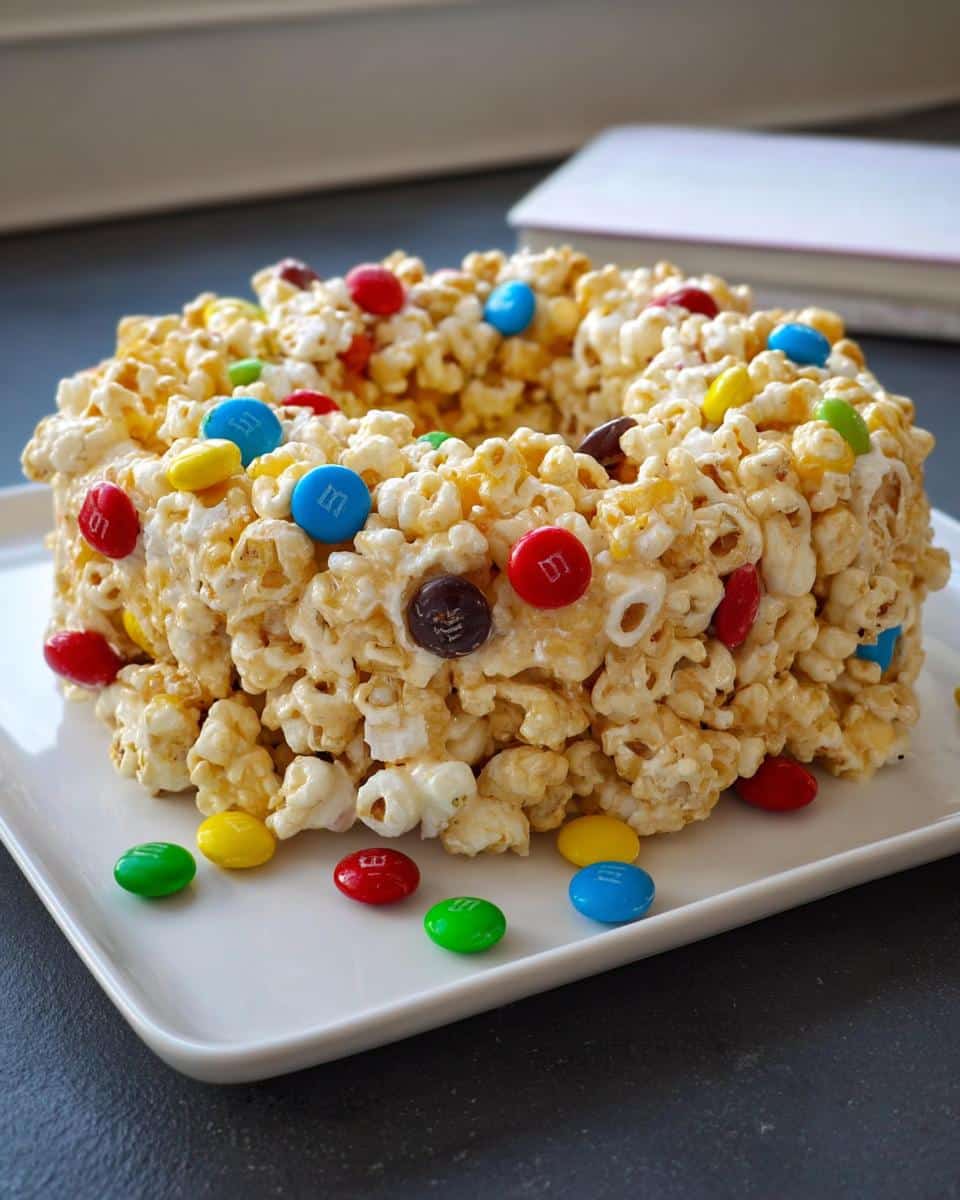 A ring-shaped serving of Marshmallow Birthday Cake Popcorn held together with marshmallow, studded with colorful M&Ms.