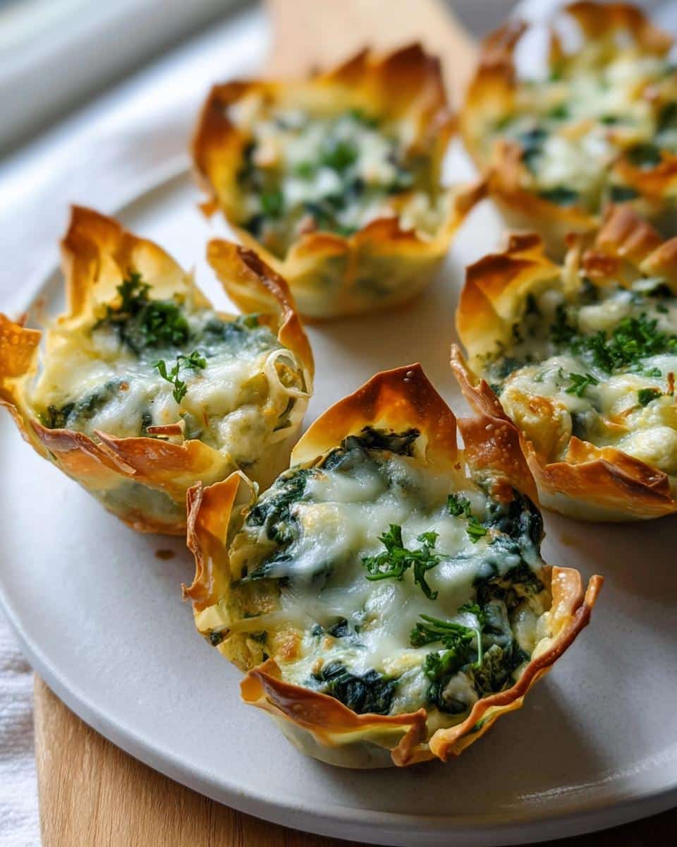 Close-up of baked Mini Spinach & Artichoke Wonton Cups topped with melted cheese and parsley.