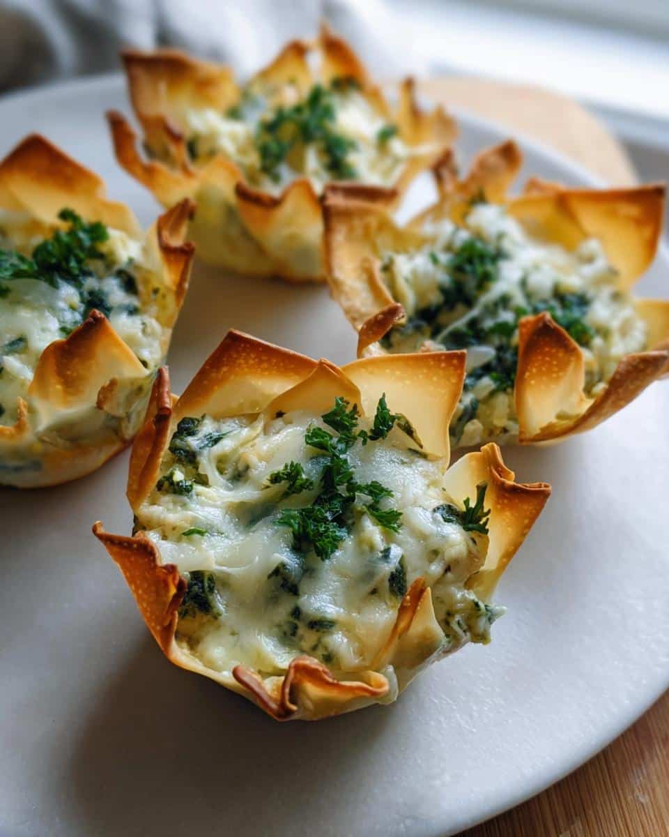 Four baked Mini Spinach & Artichoke Wonton Cups filled with cheesy spinach mixture and topped with parsley.