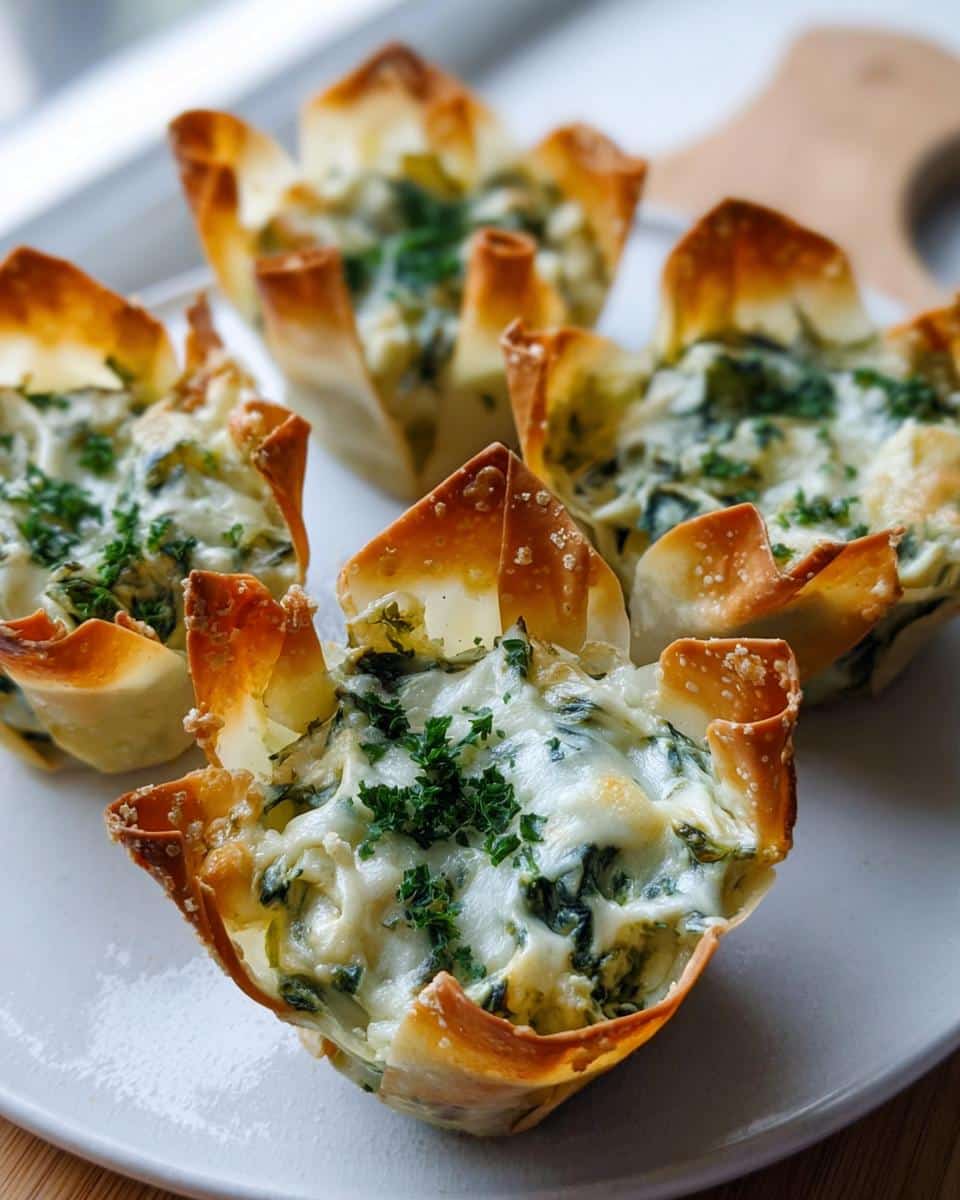 Four baked Mini Spinach & Artichoke Wonton Cups with melted cheese and parsley garnish on a white plate.