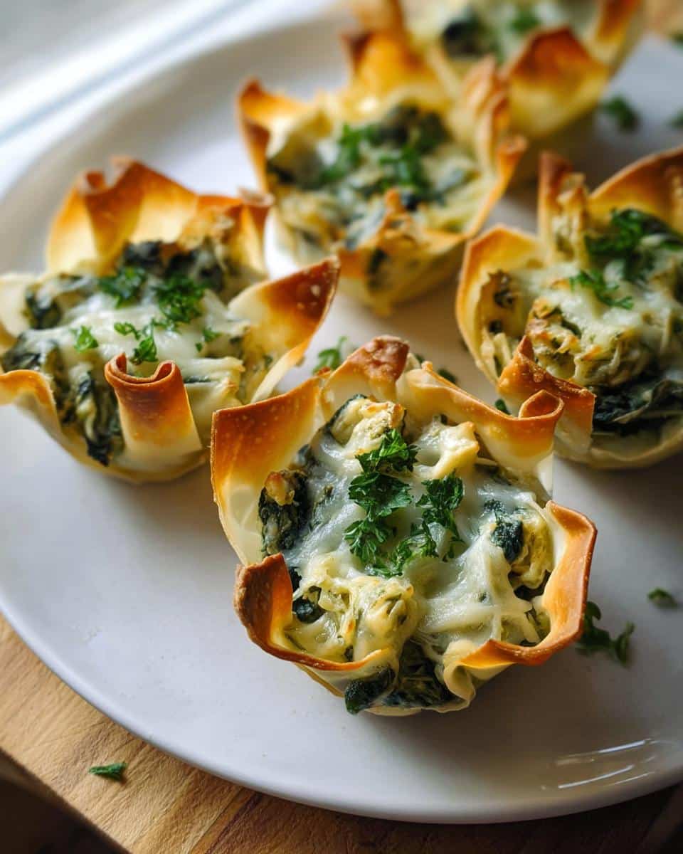 Close-up of baked Mini Spinach & Artichoke Wonton Cups topped with melted cheese and parsley.