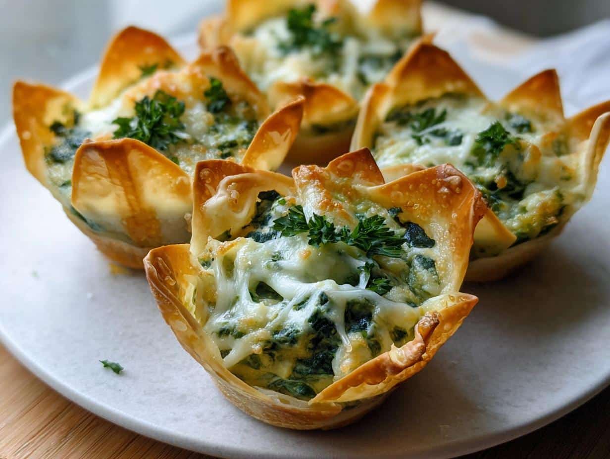 Close-up of baked Mini Spinach & Artichoke Wonton Cups topped with melted cheese and parsley.
