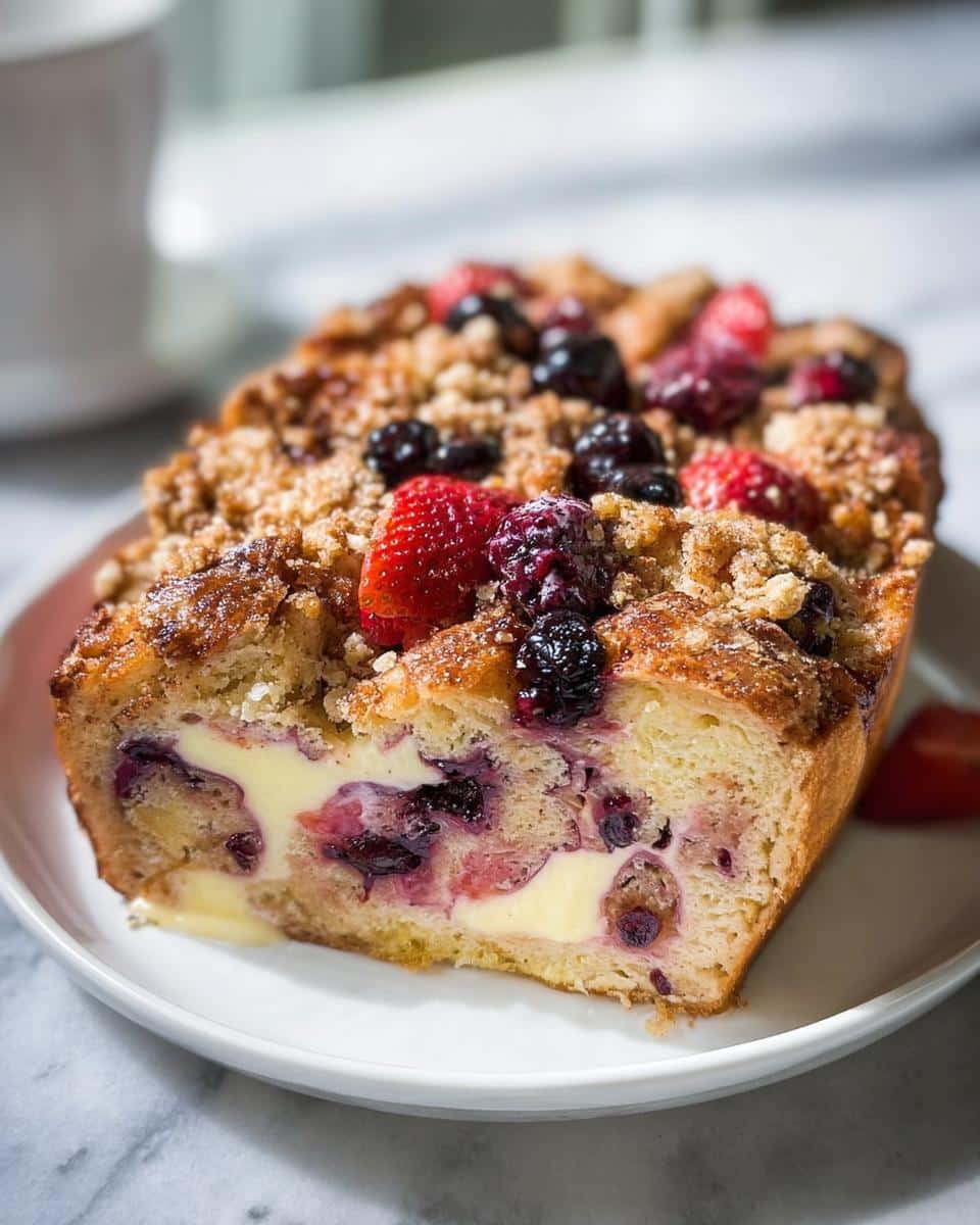 A slice of Mixed Berry French Toast Bake on a white plate, showing creamy custard and berries.