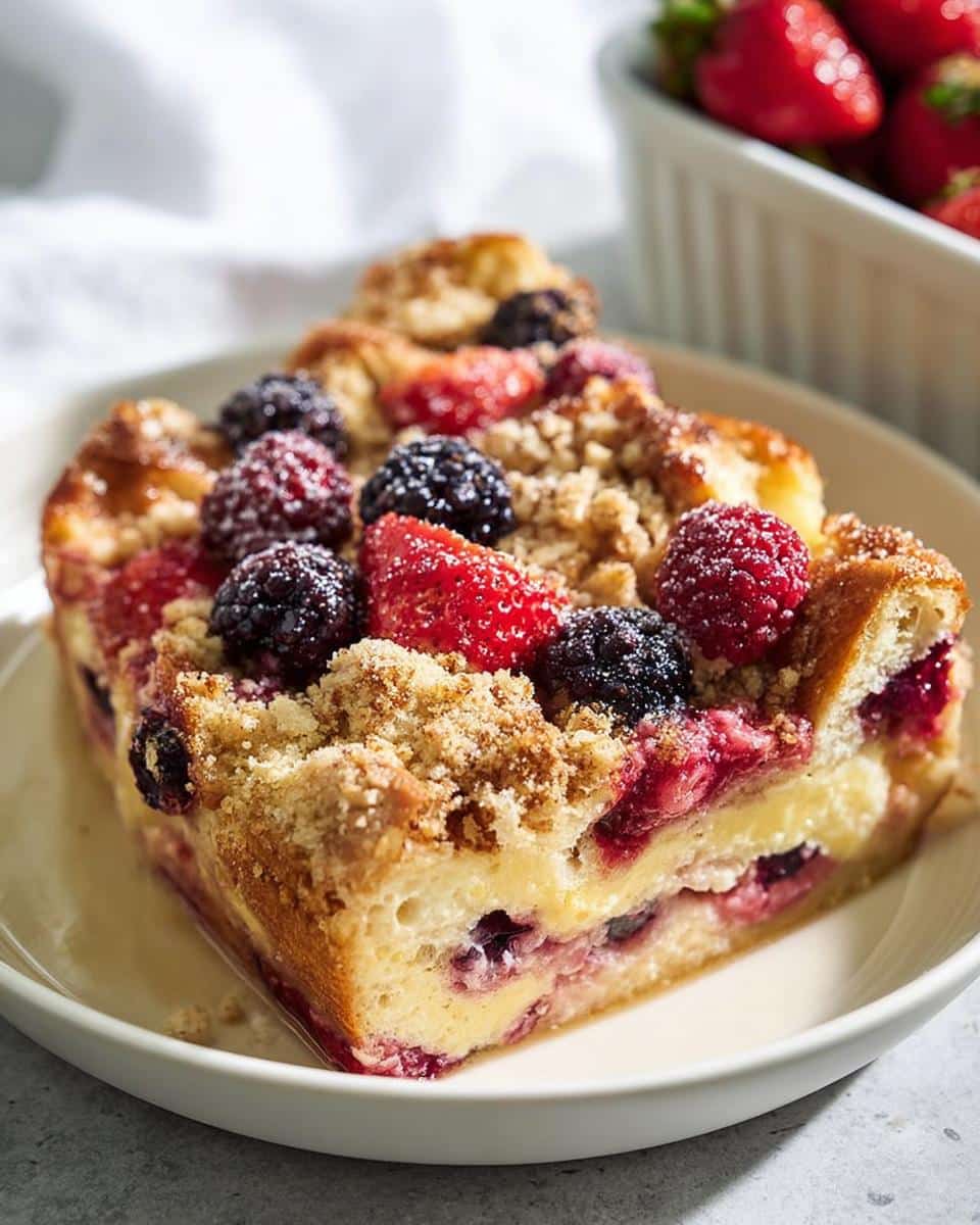A delicious slice of Mixed Berry French Toast Bake, topped with fresh berries and streusel.