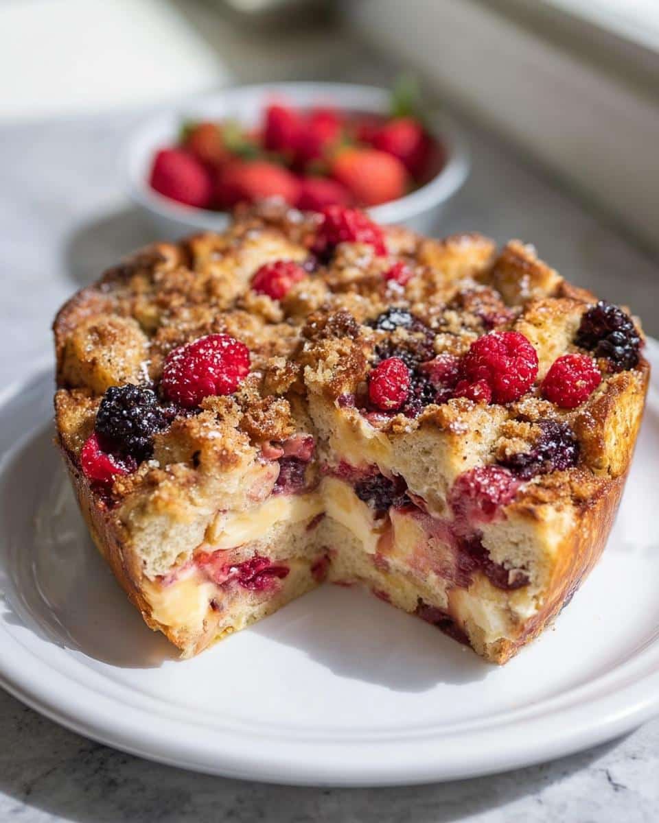 A slice of Mixed Berry French Toast Bake on a white plate, showing layers of custard, berries, and bread with a crumb topping.