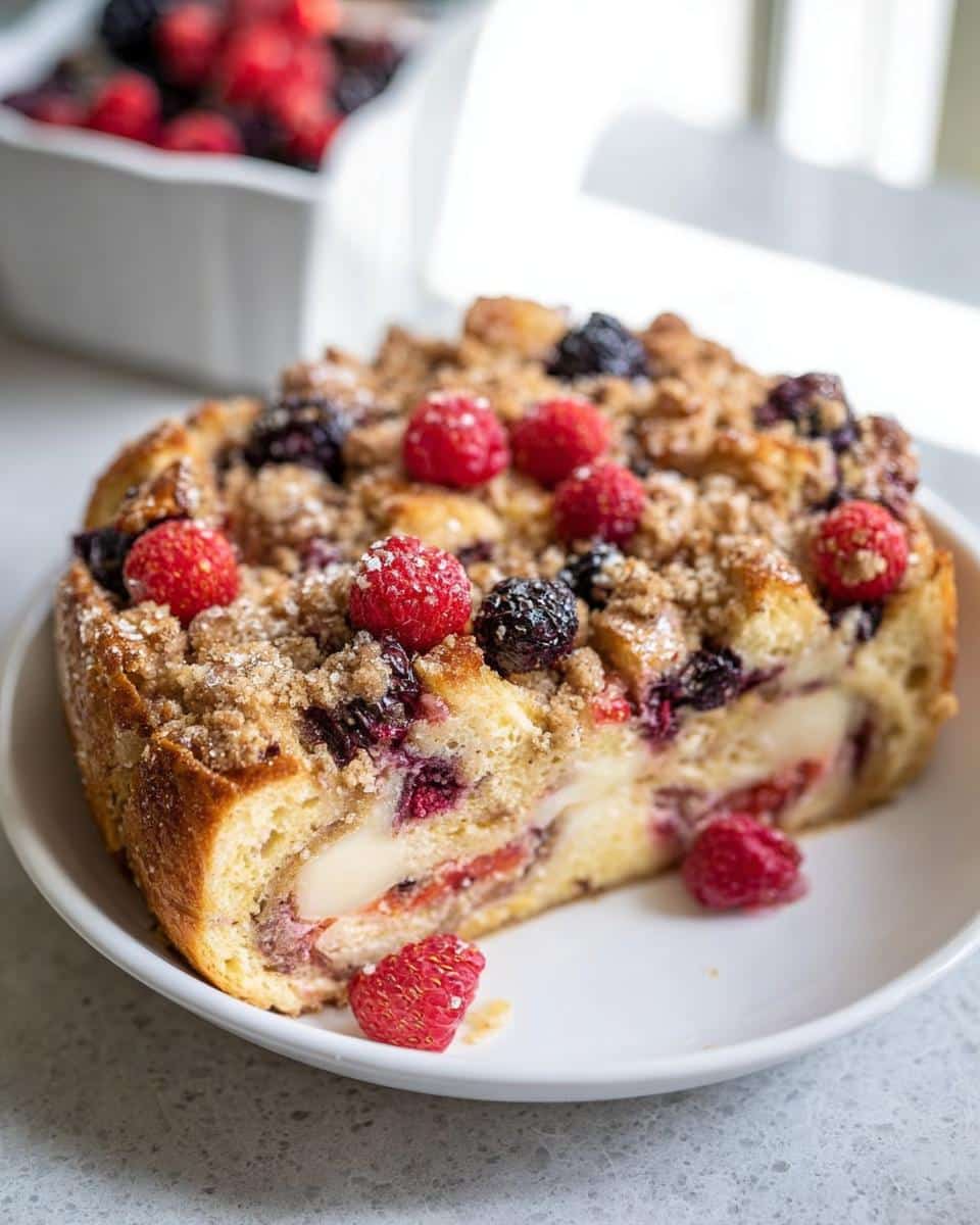 A slice of Mixed Berry French Toast Bake topped with fresh berries and streusel topping.