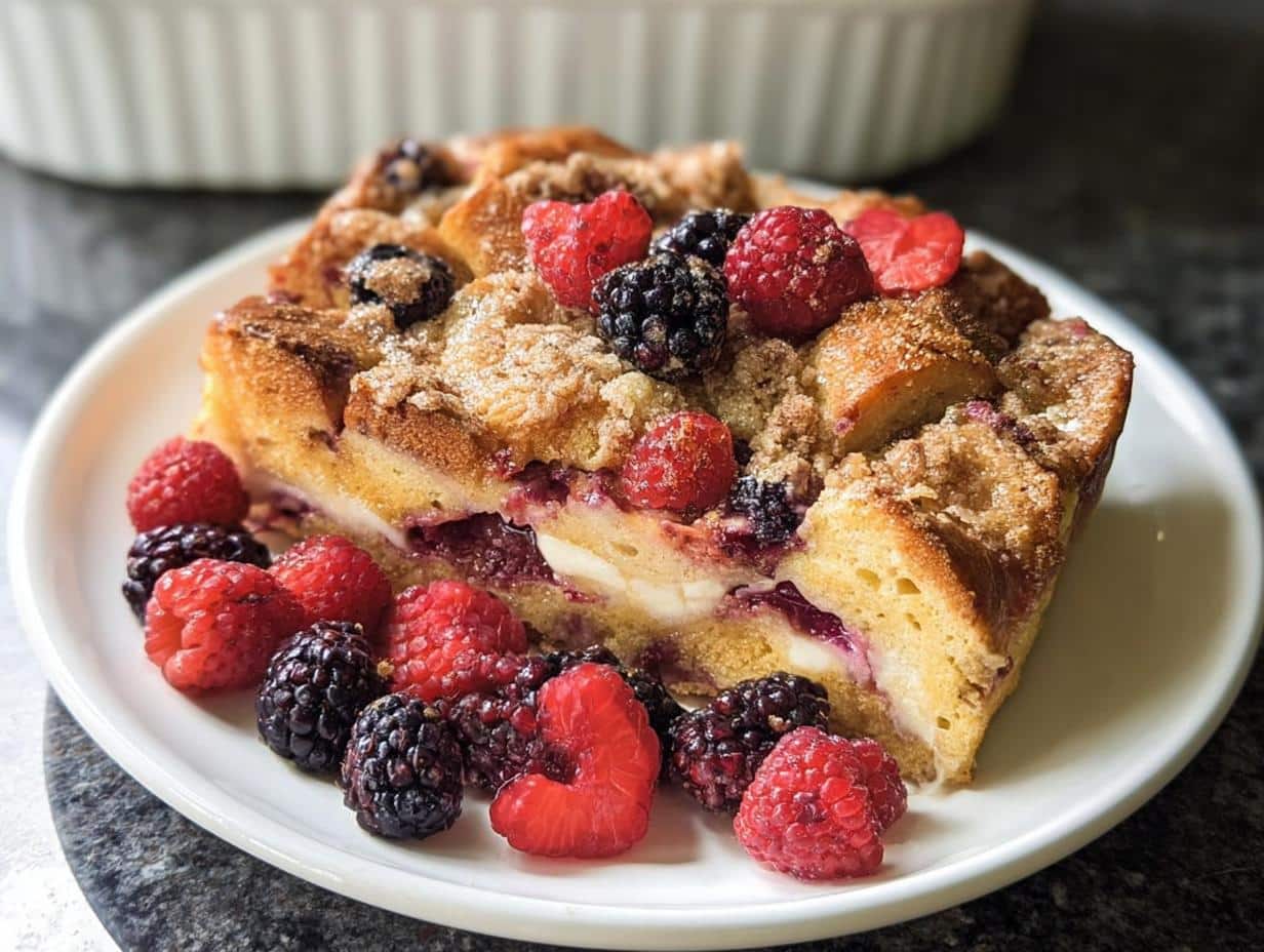 A delicious slice of Mixed Berry French Toast Bake topped with fresh raspberries and blackberries.