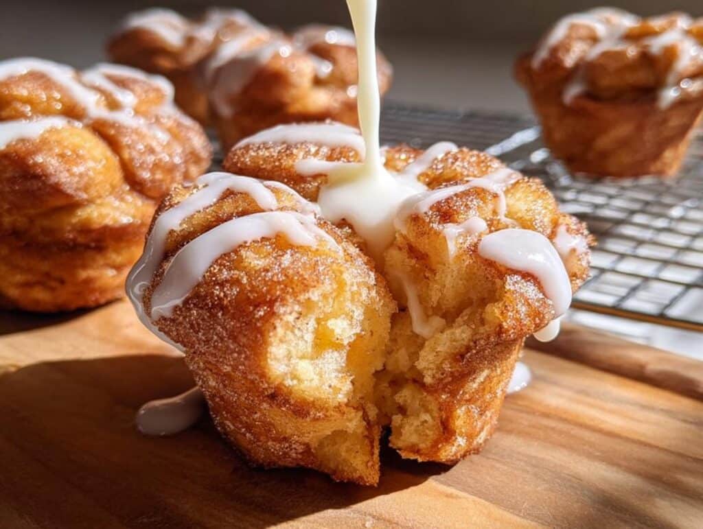 Close-up of a Monkey Bread Muffin being drizzled with sweet glaze, showing its fluffy, cinnamon-sugar coated interior.