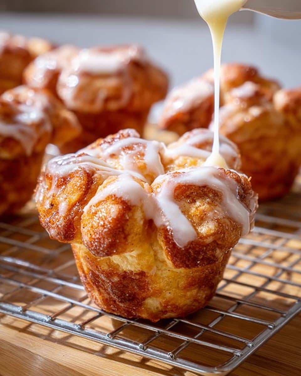 Close-up of a Monkey Bread Muffin being drizzled with a sweet glaze on a cooling rack.