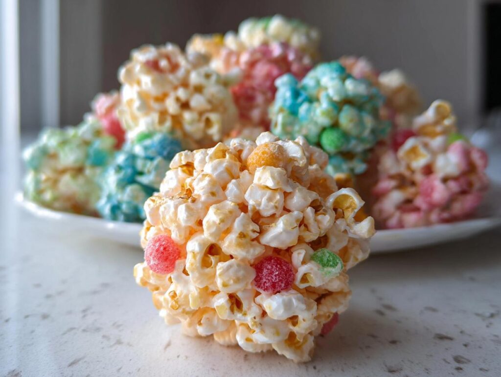 A close-up of a No-Bake Marshmallow Popcorn Ball, studded with colorful gumdrops, with more colorful balls blurred in the background.
