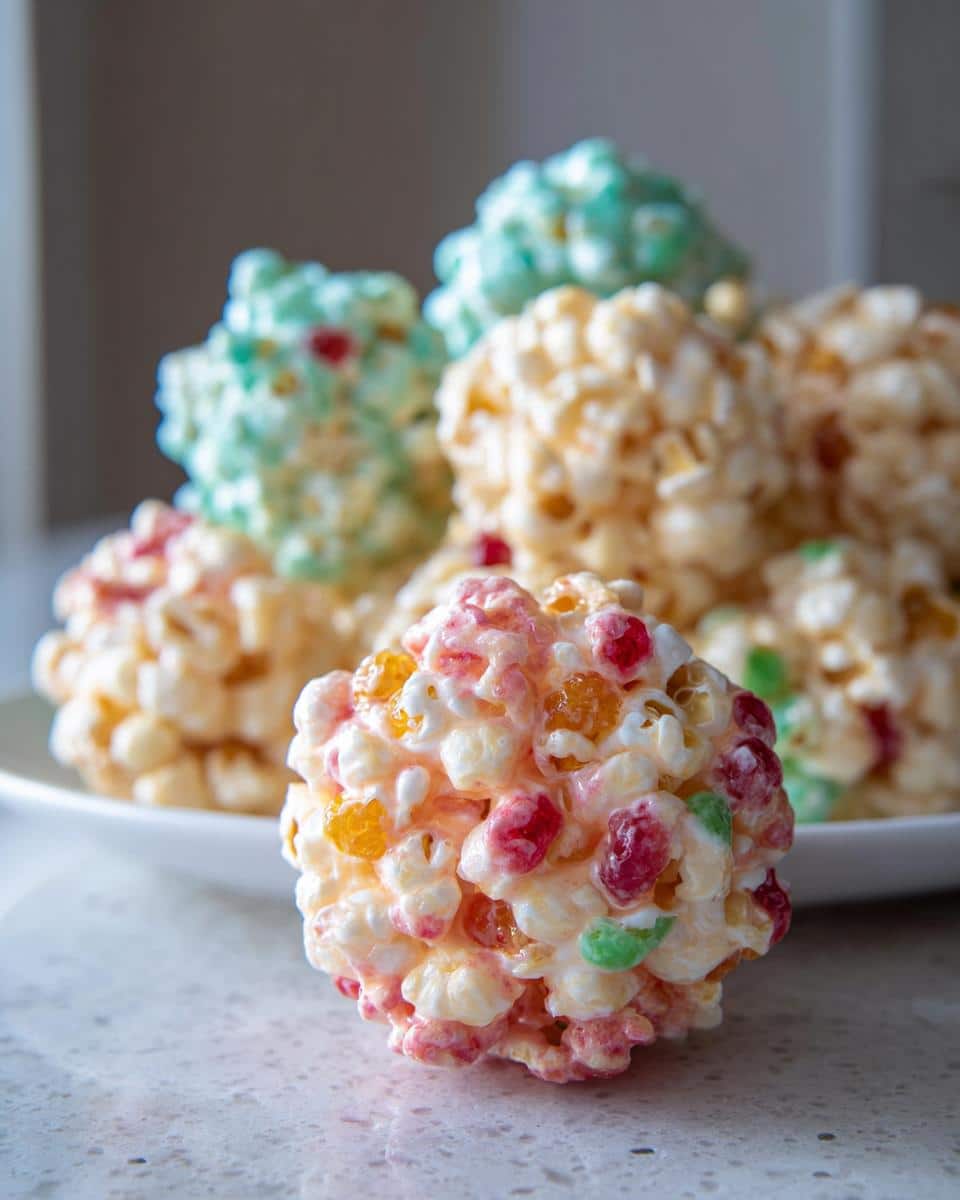 A close-up of a colorful No-Bake Marshmallow Popcorn Ball with candied fruit pieces, with more balls blurred in the background.