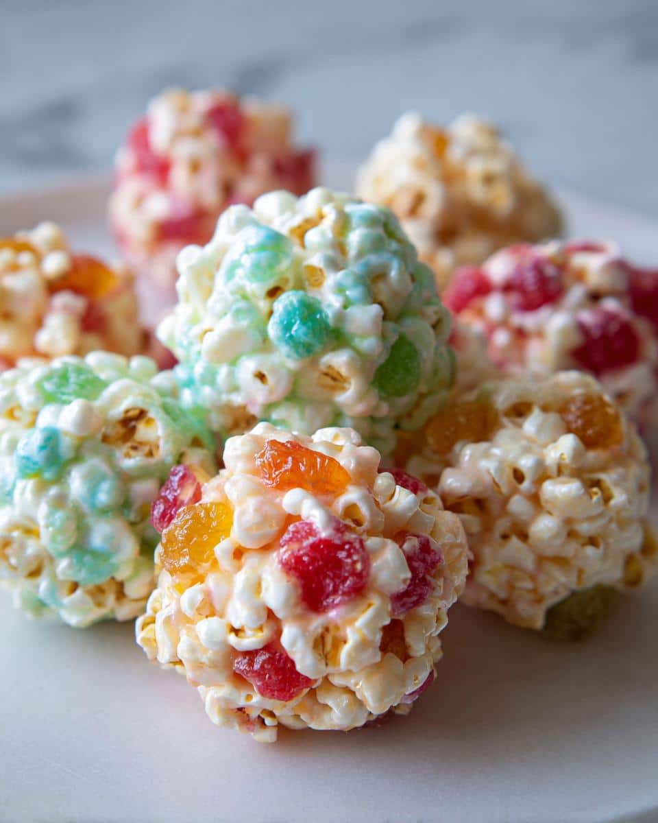 Close-up of several colorful No-Bake Marshmallow Popcorn Balls studded with bright, chewy fruit pieces.