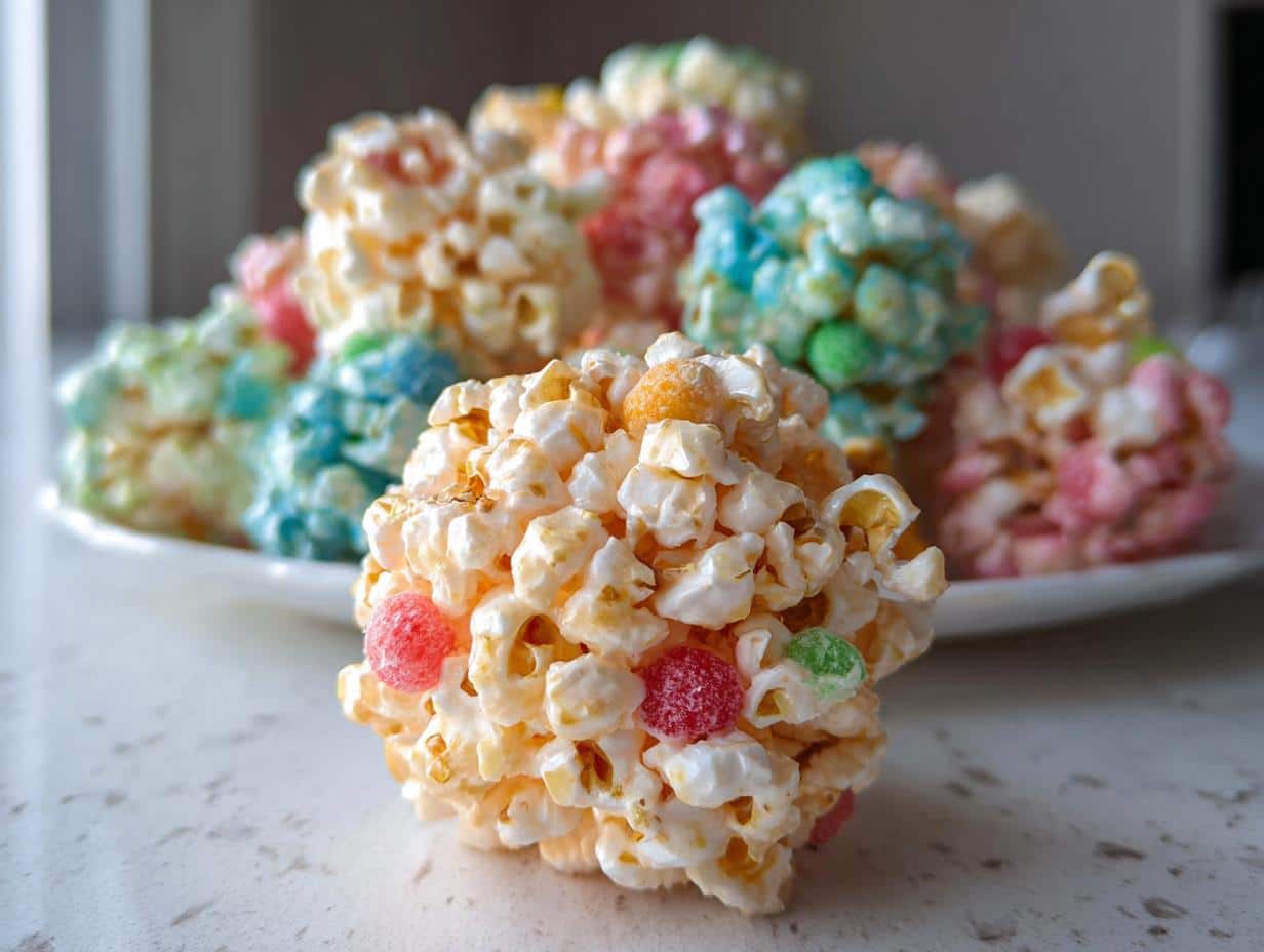 A close-up of a No-Bake Marshmallow Popcorn Ball, studded with colorful gumdrops, with more colorful balls blurred in the background.