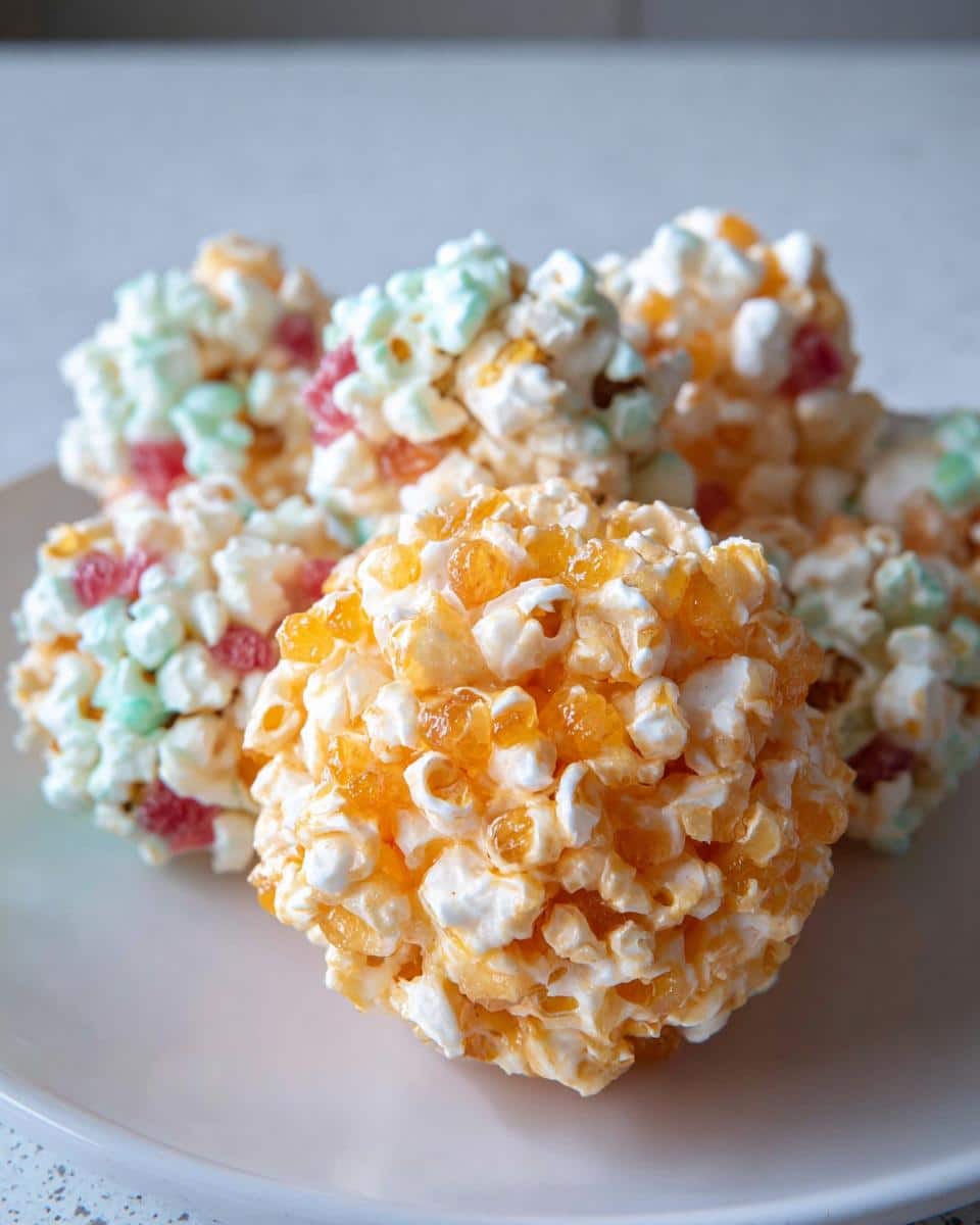 Close-up of several colorful No-Bake Marshmallow Popcorn Balls piled on a light pink plate.