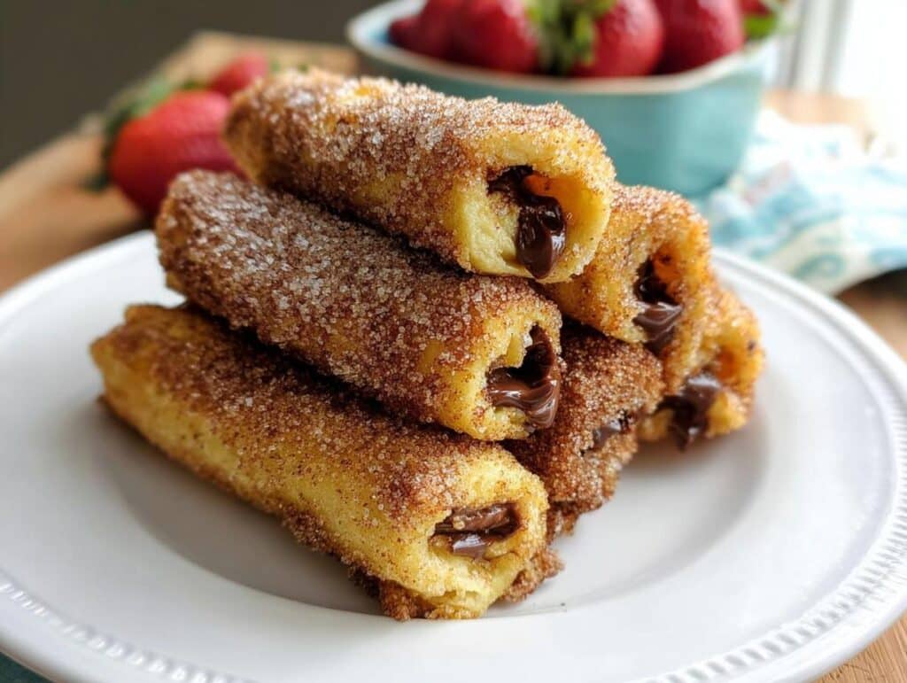 A stack of golden Nutella-Filled French Toast Rollups coated in cinnamon sugar, oozing chocolate filling.