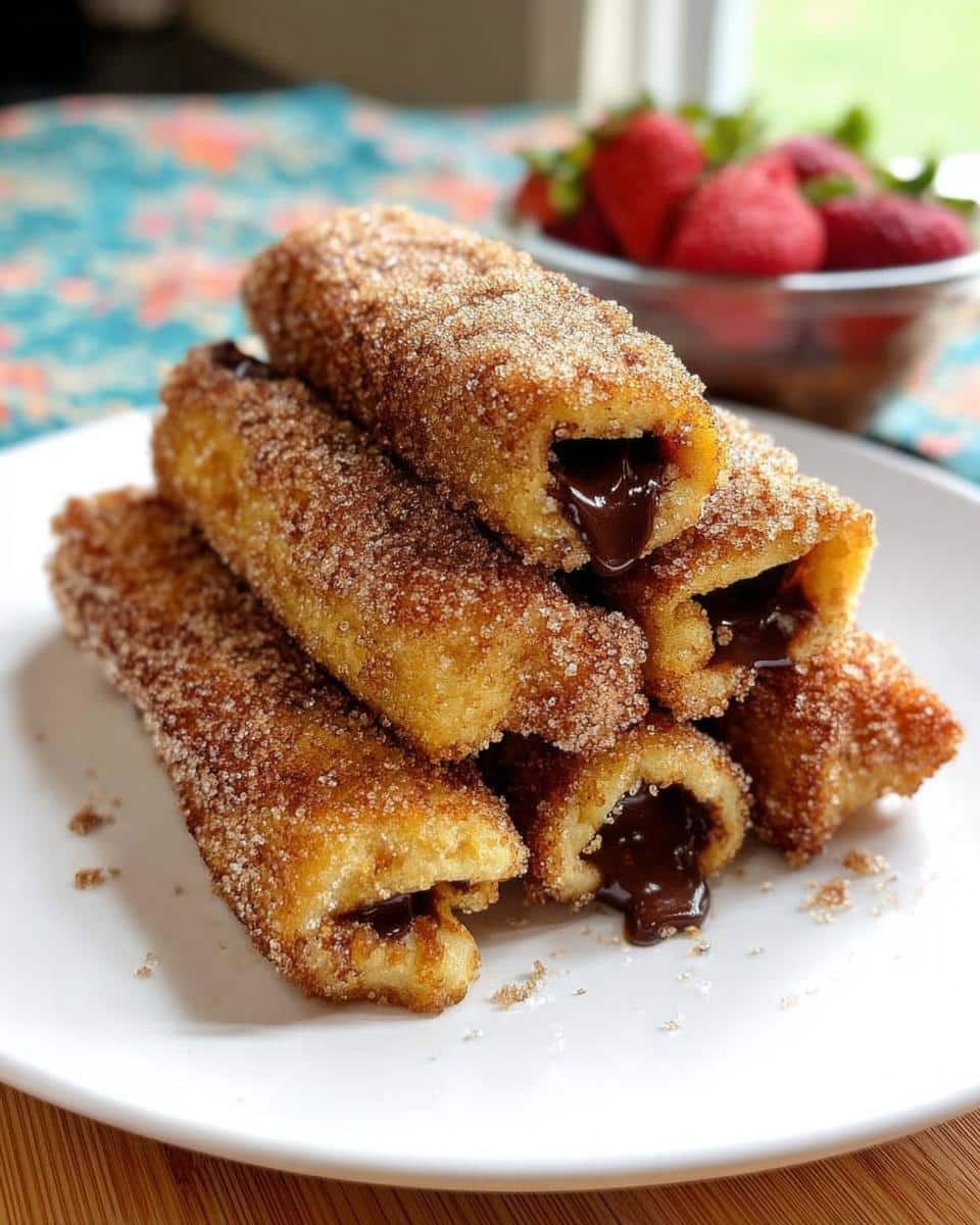 A stack of golden brown Nutella-Filled French Toast Rollups coated in cinnamon sugar, with melted chocolate oozing out.