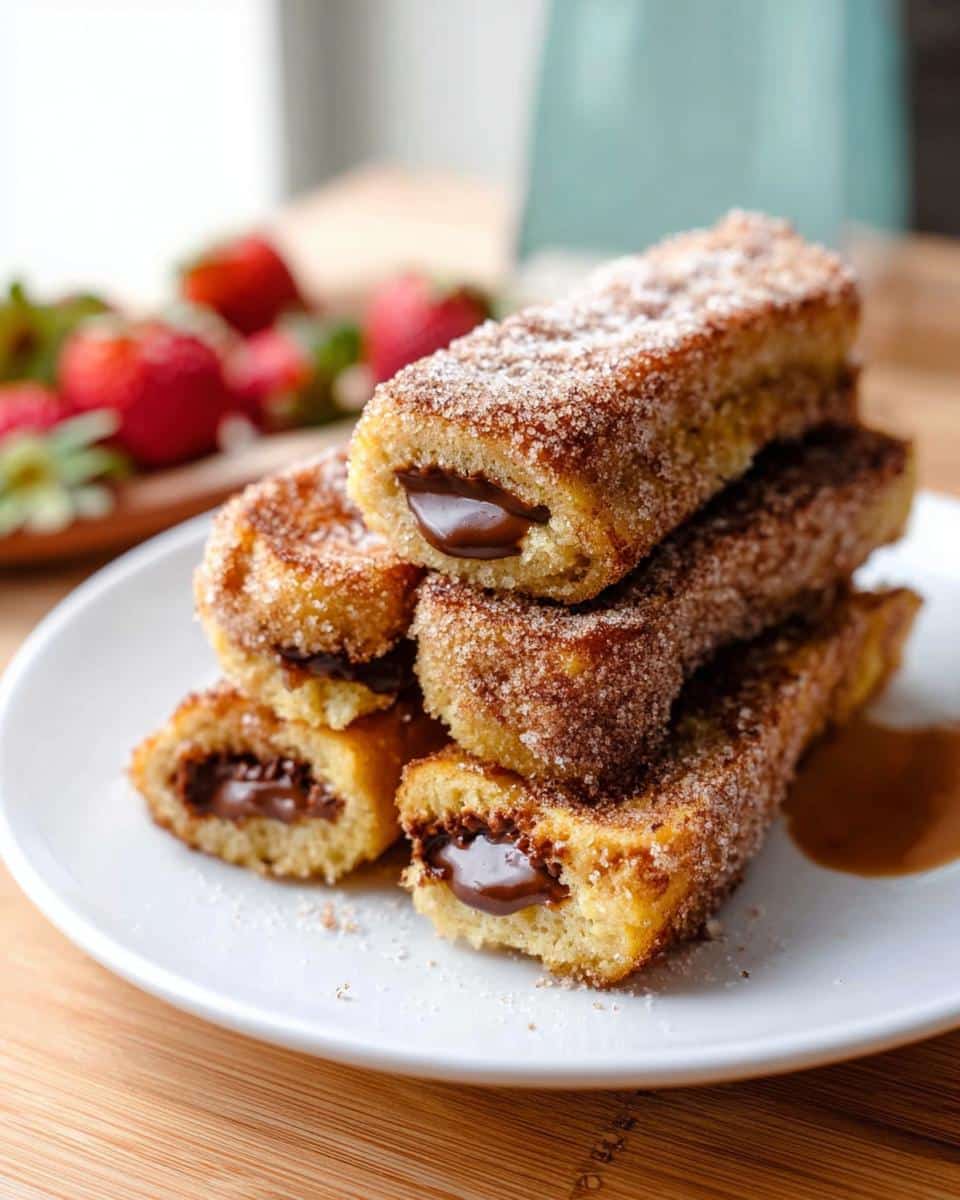 A stack of golden, cinnamon-sugar coated Nutella-Filled French Toast Rollups oozing chocolate filling.