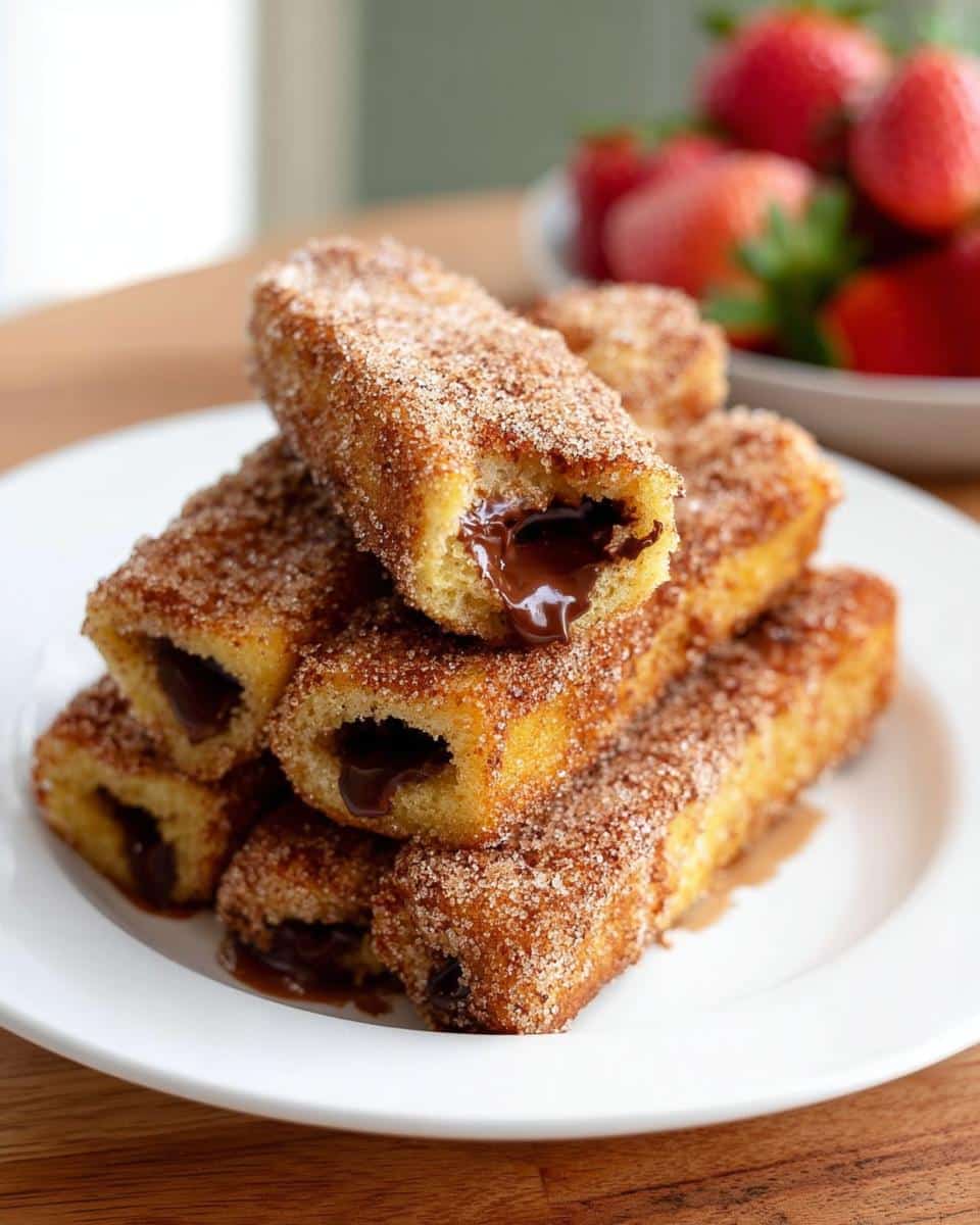A stack of cinnamon-sugar coated Nutella-Filled French Toast Rollups with melted chocolate oozing out.