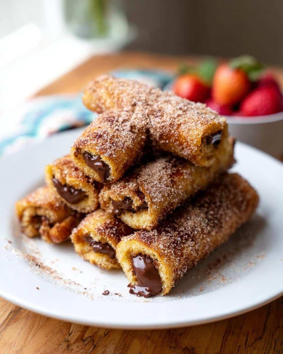 A stack of golden brown Nutella-Filled French Toast Rollups coated in cinnamon sugar, served on a white plate.