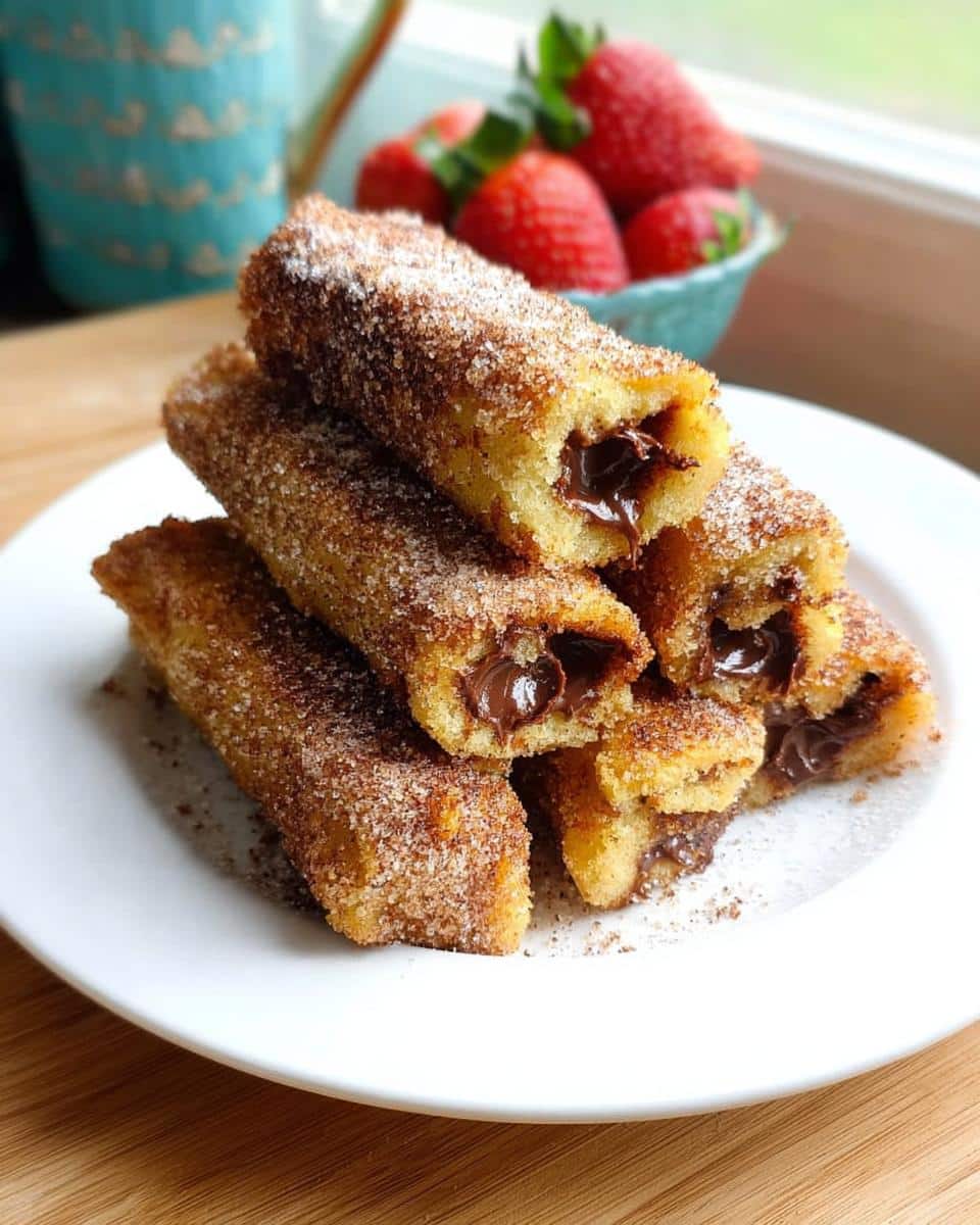 Stack of Nutella-Filled French Toast Rollups coated in cinnamon sugar, showing melted chocolate filling.