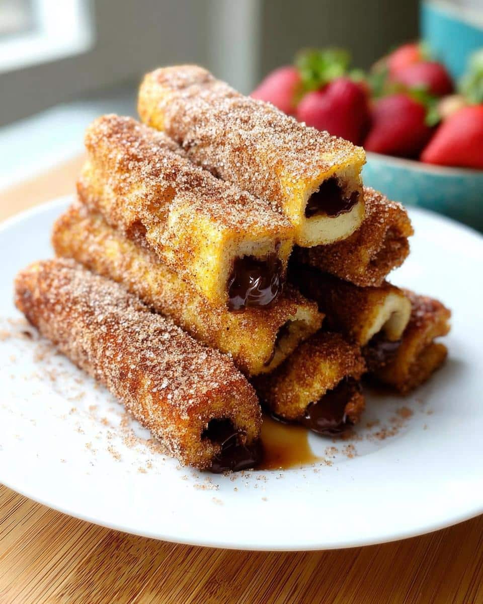 A stack of golden Nutella-Filled French Toast Rollups coated in cinnamon sugar, with melted chocolate visible.
