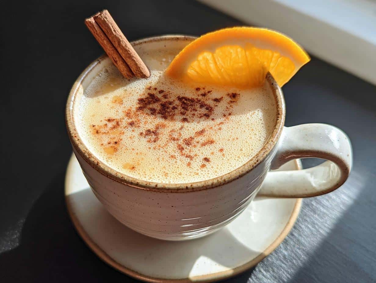 A warm mug of Orange Cinnamon Milk Tea Latte topped with foam, cinnamon, and an orange slice.
