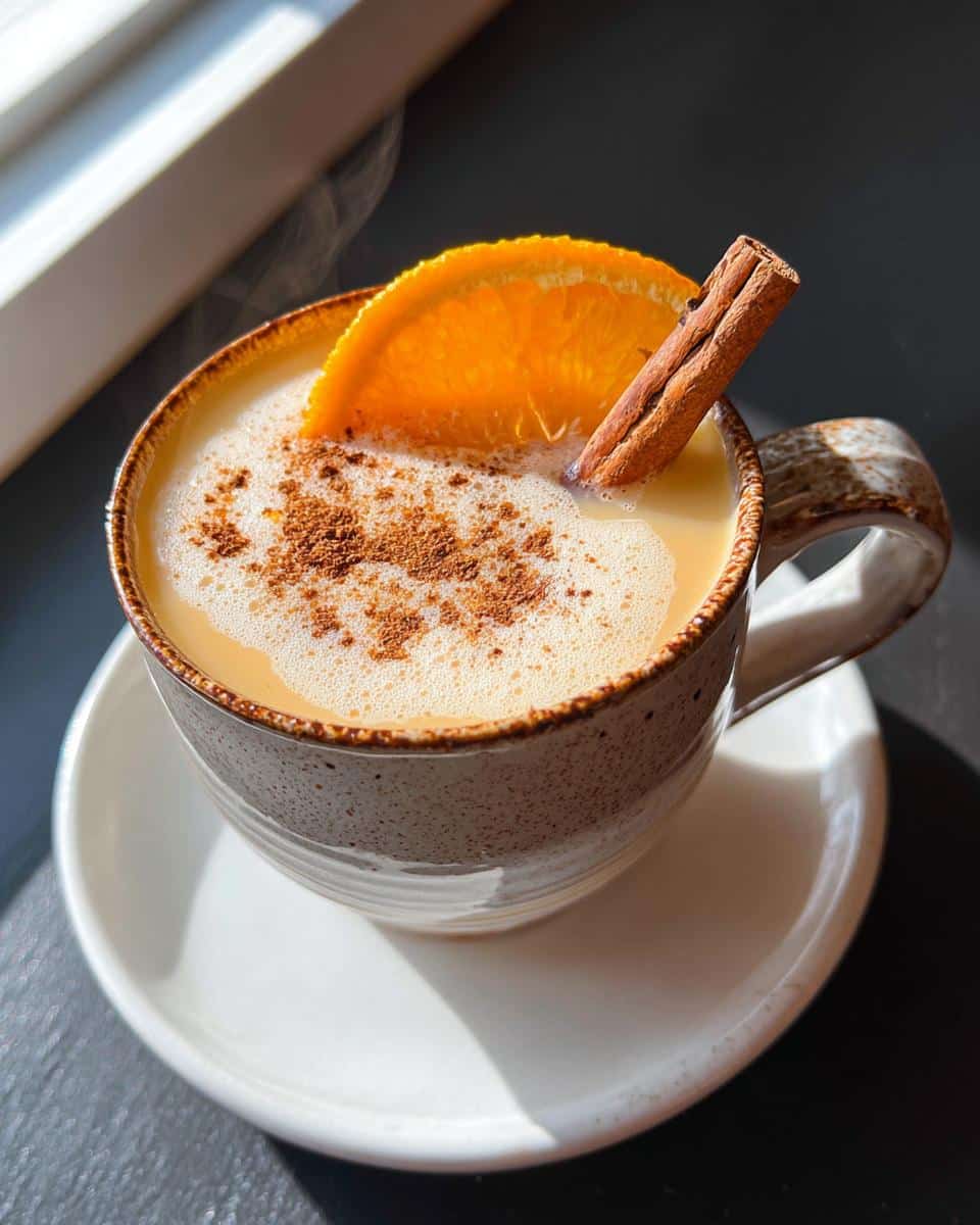 A close-up of a steaming Orange Cinnamon Milk Tea Latte in a rustic mug, garnished with an orange slice and cinnamon stick.