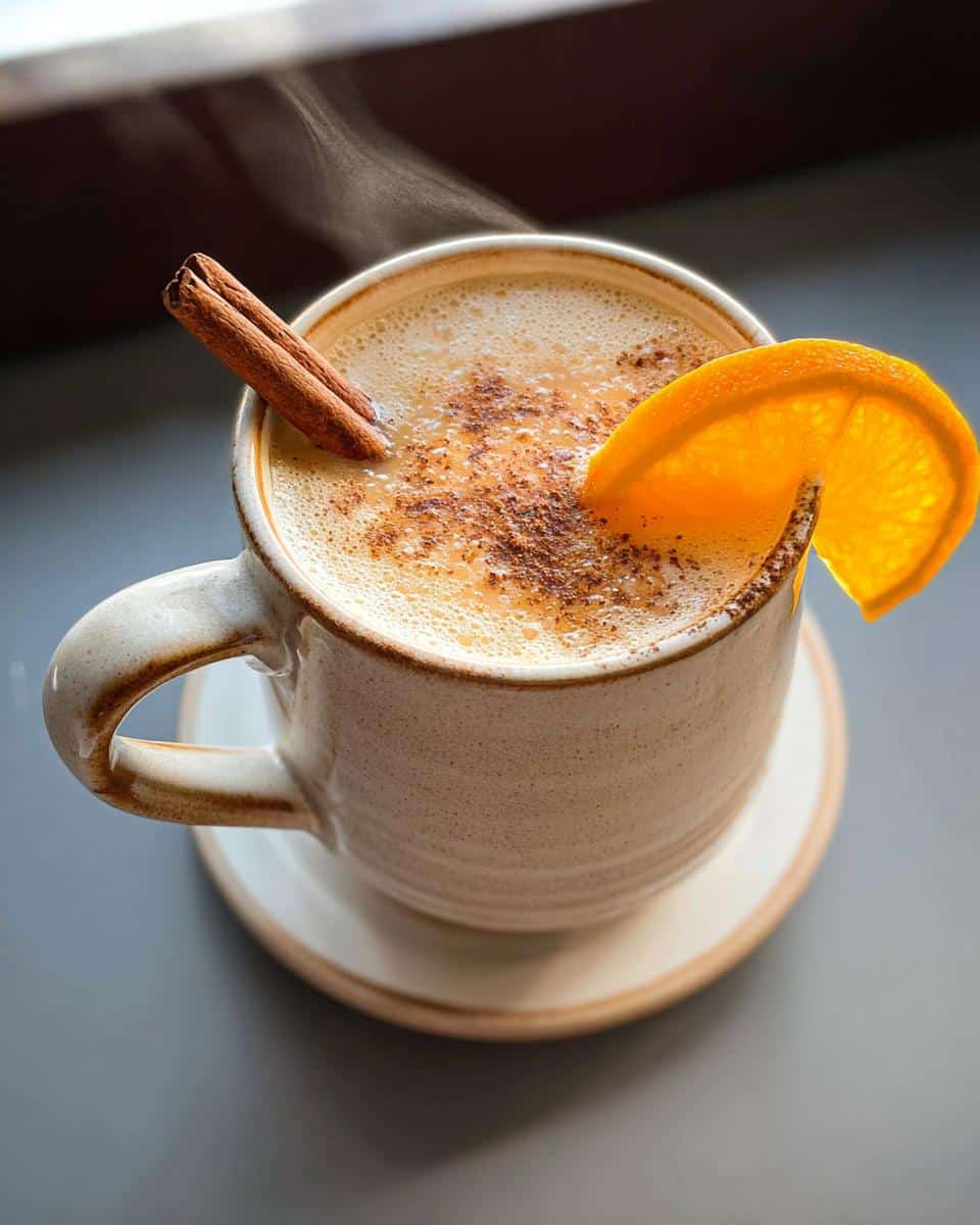 A steaming mug of Orange Cinnamon Milk Tea Latte topped with cinnamon and an orange slice.