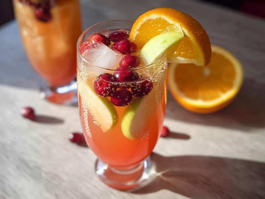 Close-up of a refreshing Orange Cranberry Sangria Mocktail with ice, cranberries, apple slices, and an orange garnish.