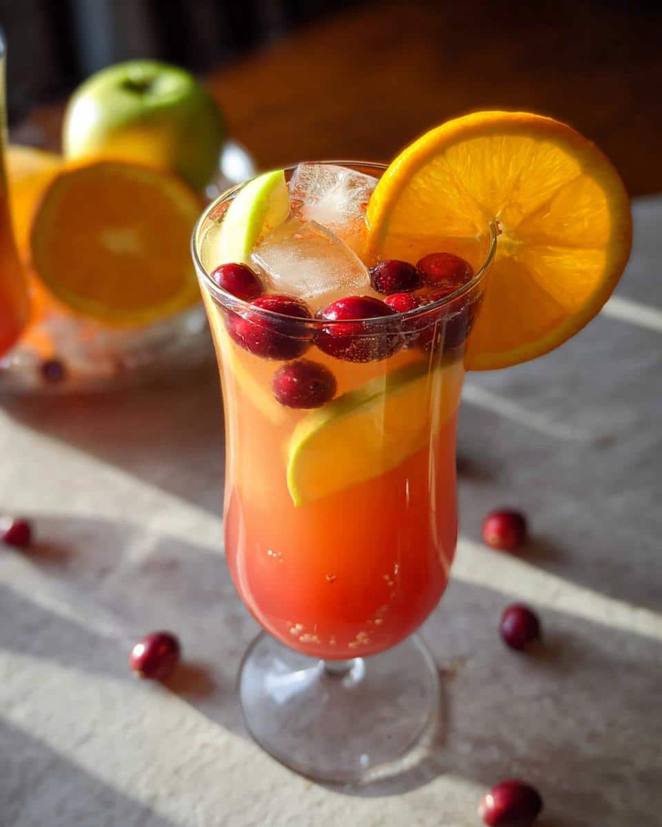 A tall glass filled with Orange Cranberry Sangria Mocktail, garnished with orange slices, cranberries, and apple wedges, on a sunlit surface.
