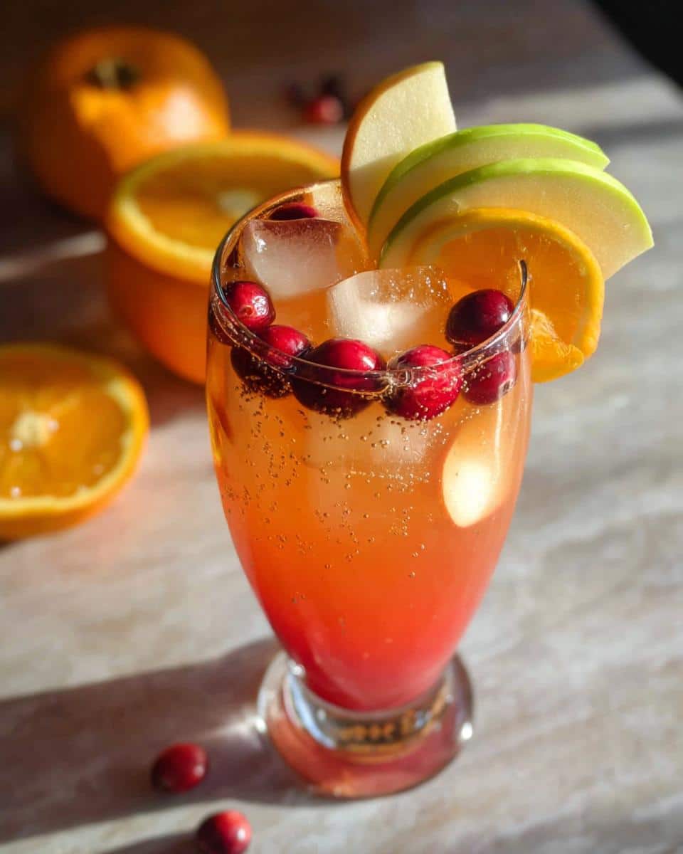 A tall glass filled with Orange Cranberry Sangria Mocktail, garnished with orange slices, apple slices, and fresh cranberries.
