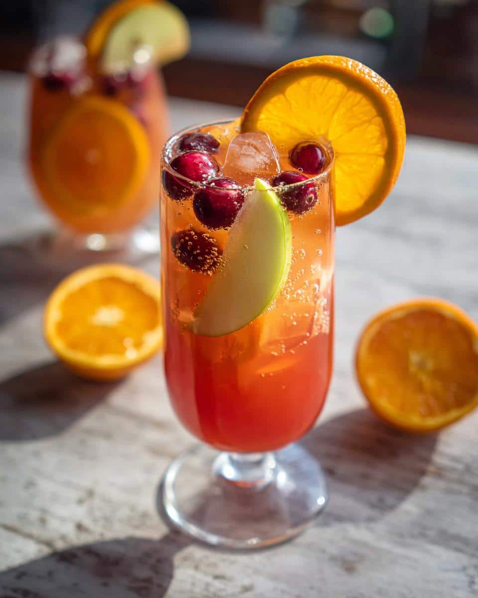 A tall glass filled with a vibrant Orange Cranberry Sangria Mocktail, garnished with orange slices, cranberries, and apple wedges.