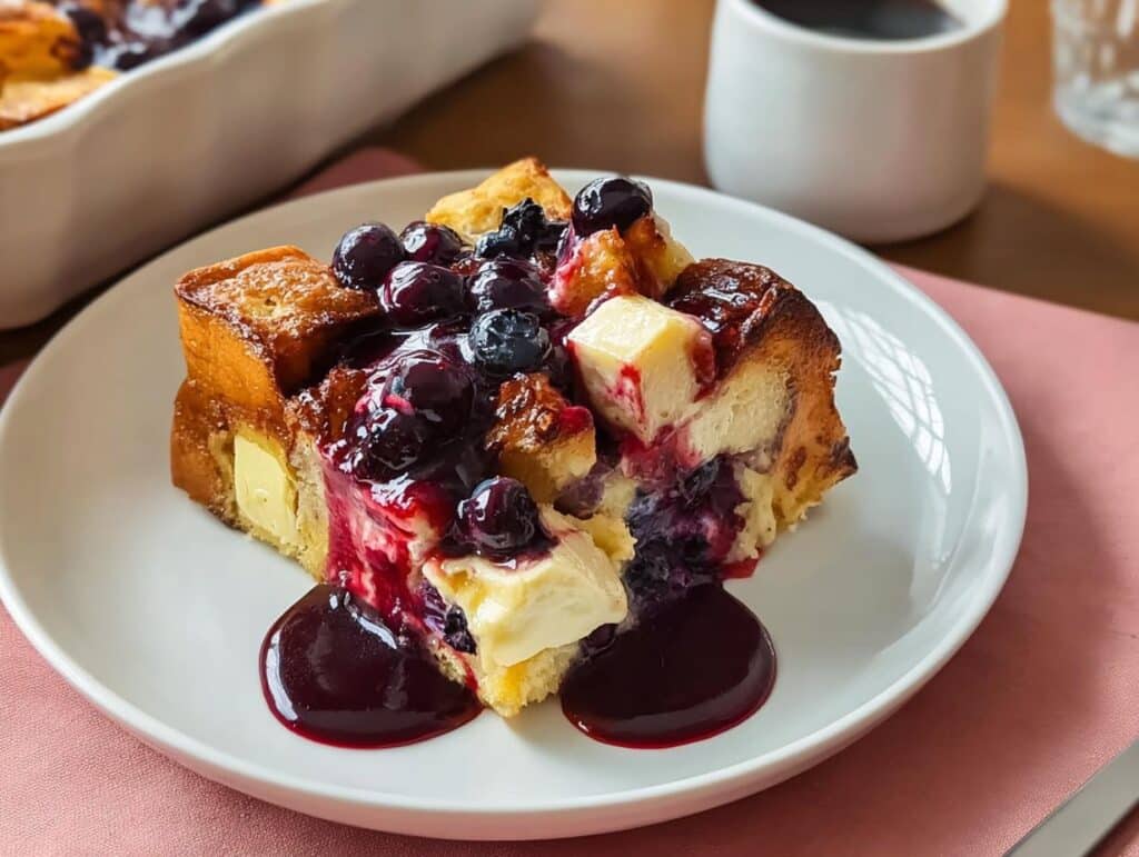 A decadent slice of Overnight Blueberry French Toast Bake, topped with fresh blueberries, syrup, and butter.
