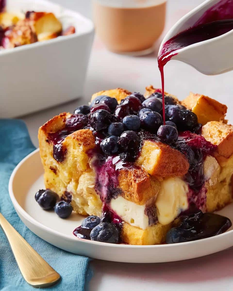 A slice of Overnight Blueberry French Toast Bake being drizzled with blueberry sauce, topped with fresh blueberries.