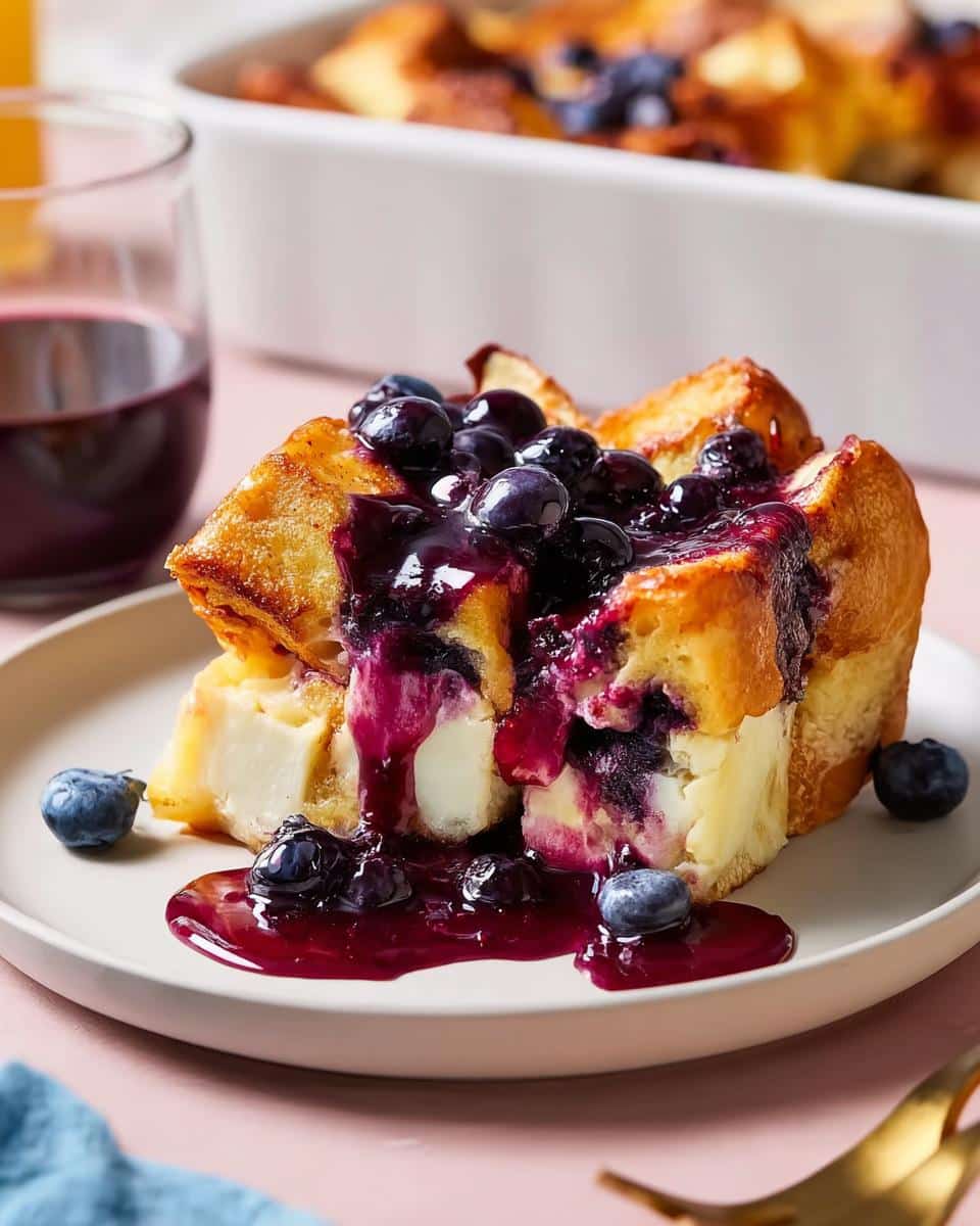 A delicious slice of Overnight Blueberry French Toast Bake, topped with blueberry sauce and fresh blueberries.