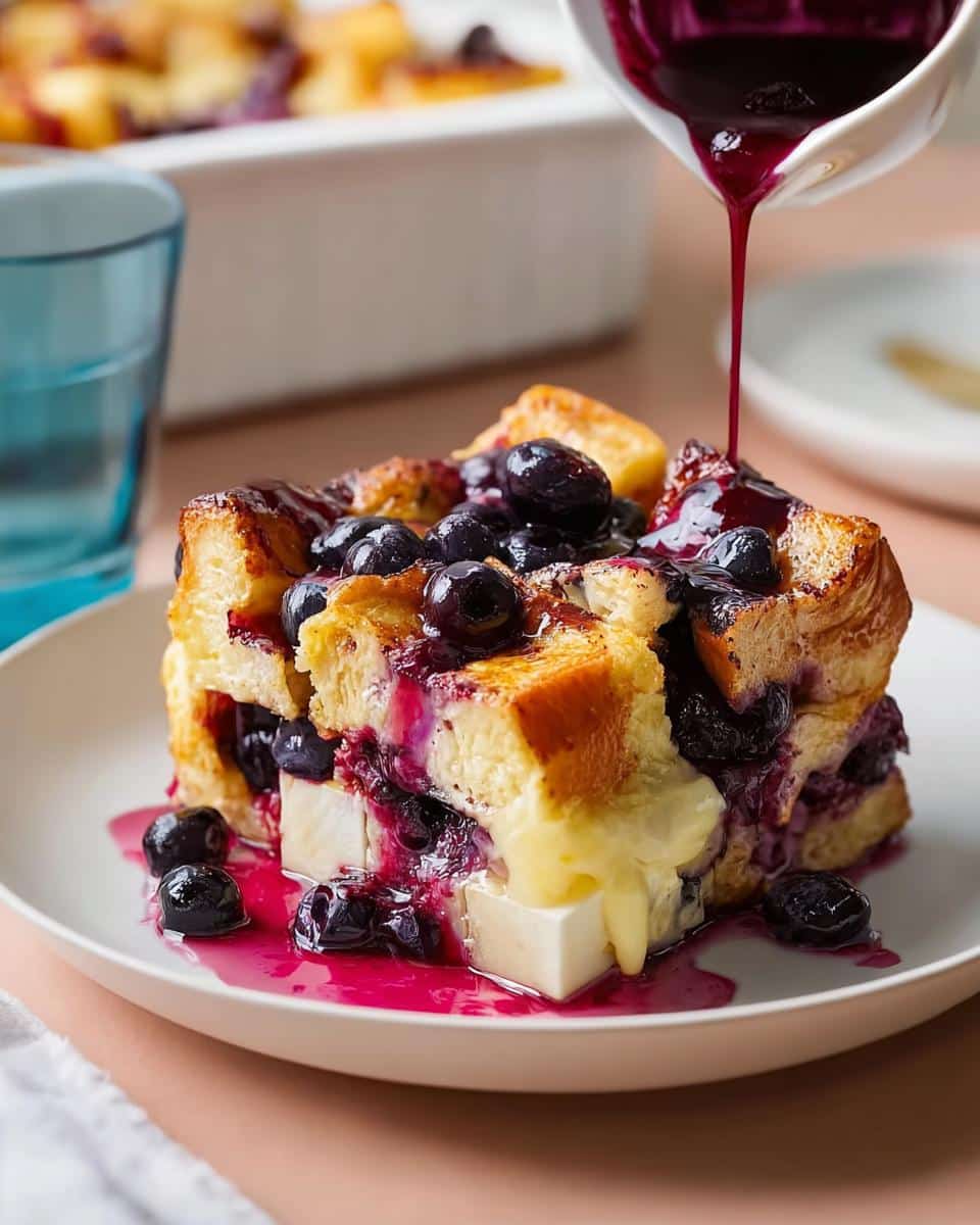 A decadent slice of Overnight Blueberry French Toast Bake, drizzled with blueberry syrup and topped with fresh blueberries.