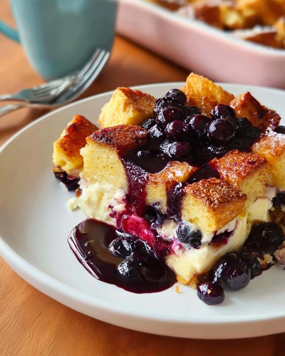A delicious slice of Overnight Blueberry French Toast Bake, topped with fresh blueberries and syrup.